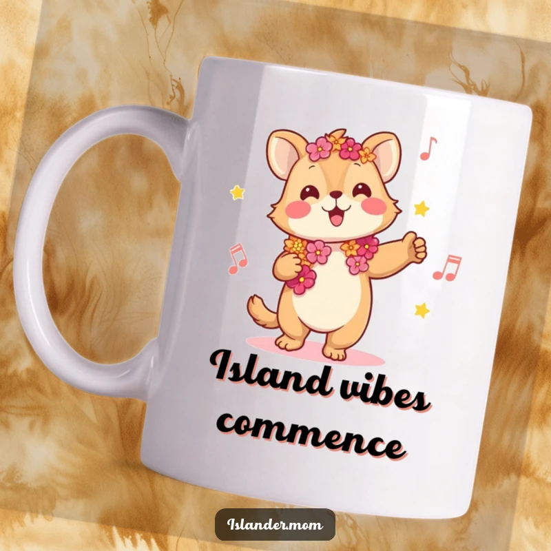 Funny mug with a joyful kawaii islander animal wearing a lei, swaying happily to music, embodying island vibes.