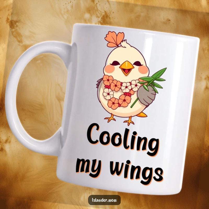 Funny Mama Bird Mug: A round mama bird wearing a colorful lei happily fans herself with a large palm leaf.