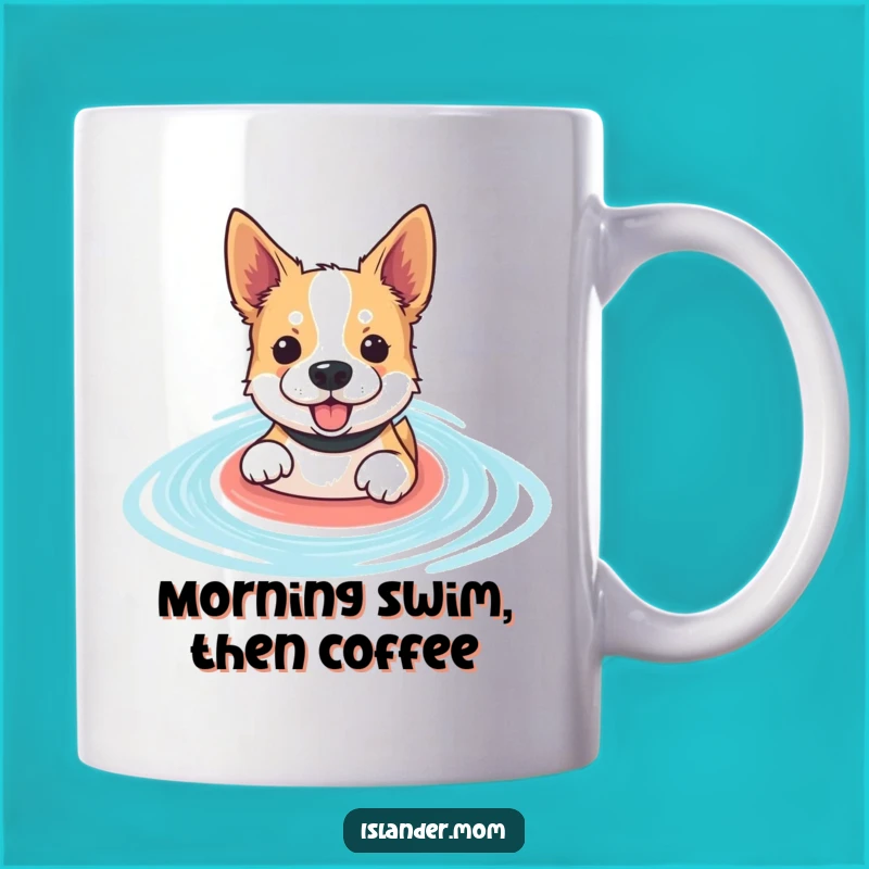 Funny Paddling Dog Mug - Enthusiastic Pup in Lagoon, Beach Vacation Gift