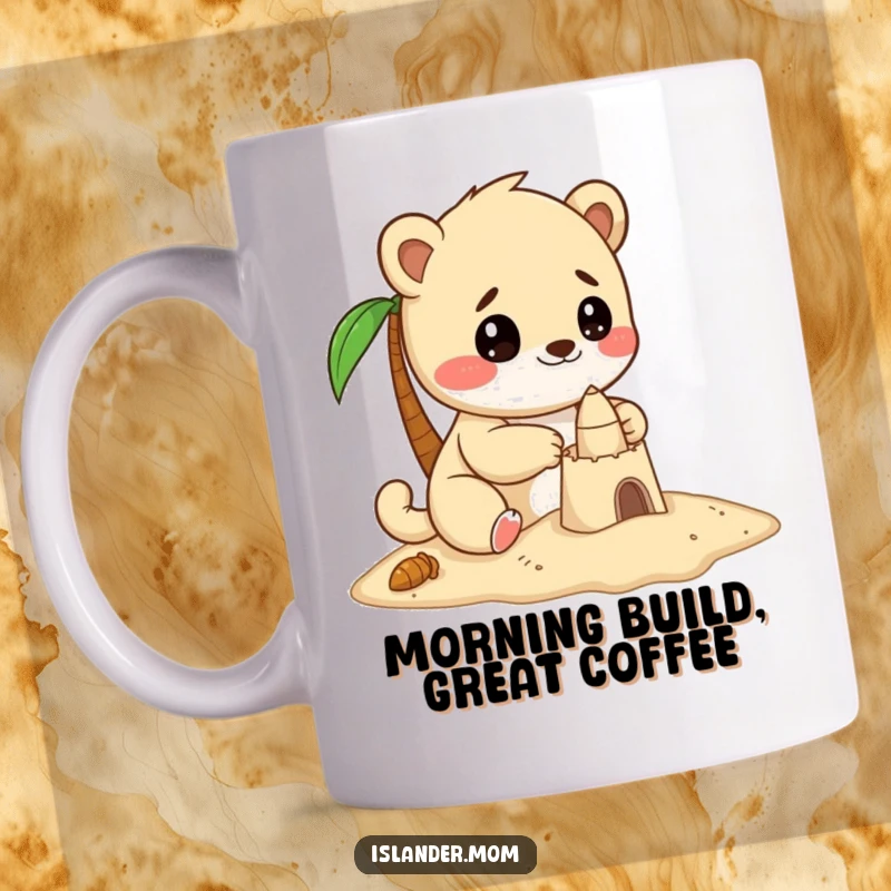 Funny mug depicting a kawaii islander animal intensely focused on building a small, delightful sandcastle on a beach.