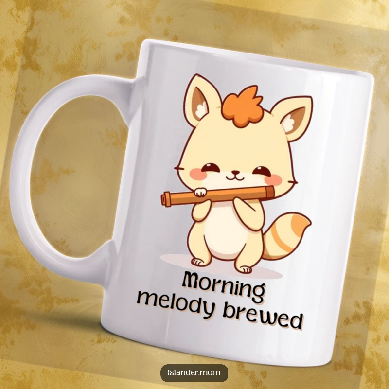 Funny spirited animal character playing a simple flute with a wide, happy grin, a musical and humorous mug for enthusiasts.