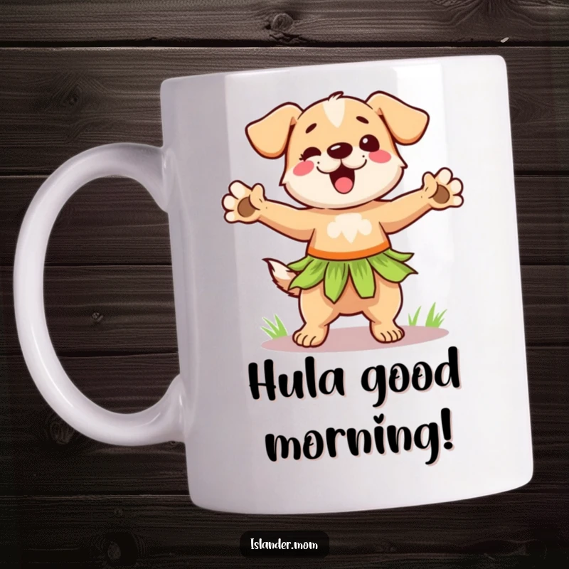 Funny hula dog mug featuring a dog dancing in a grass skirt with outstretched paws, embodying joyful island celebration.