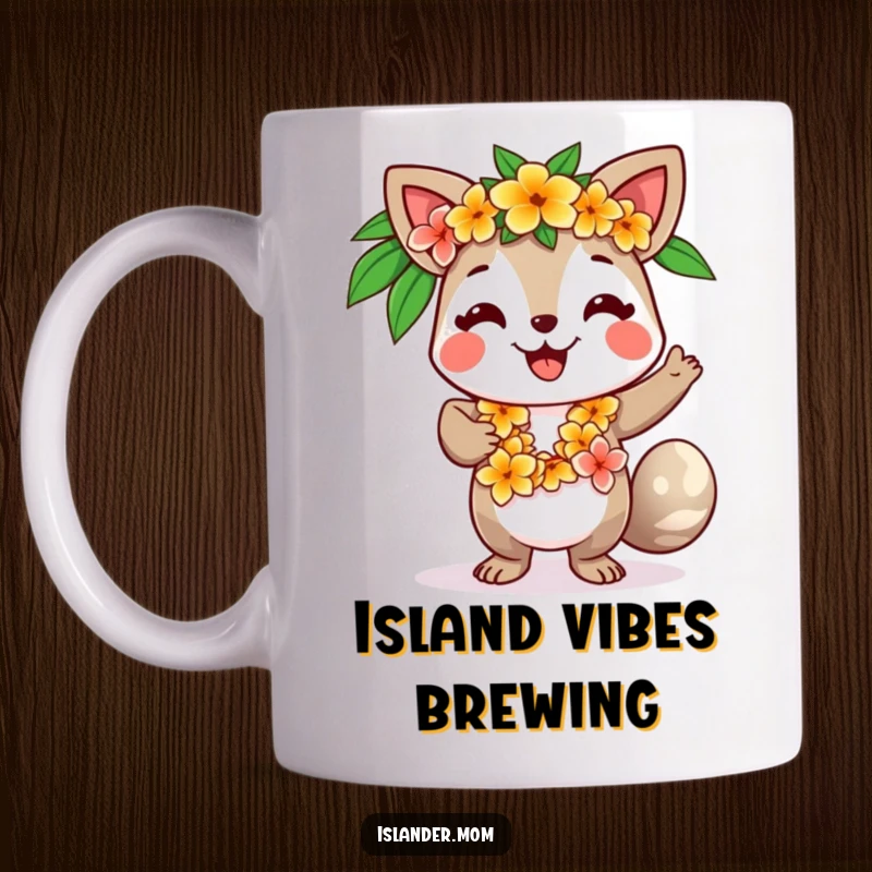 Funny mug featuring a smiling islander-style animal character wearing a flower lei, joyfully dancing with island flair.