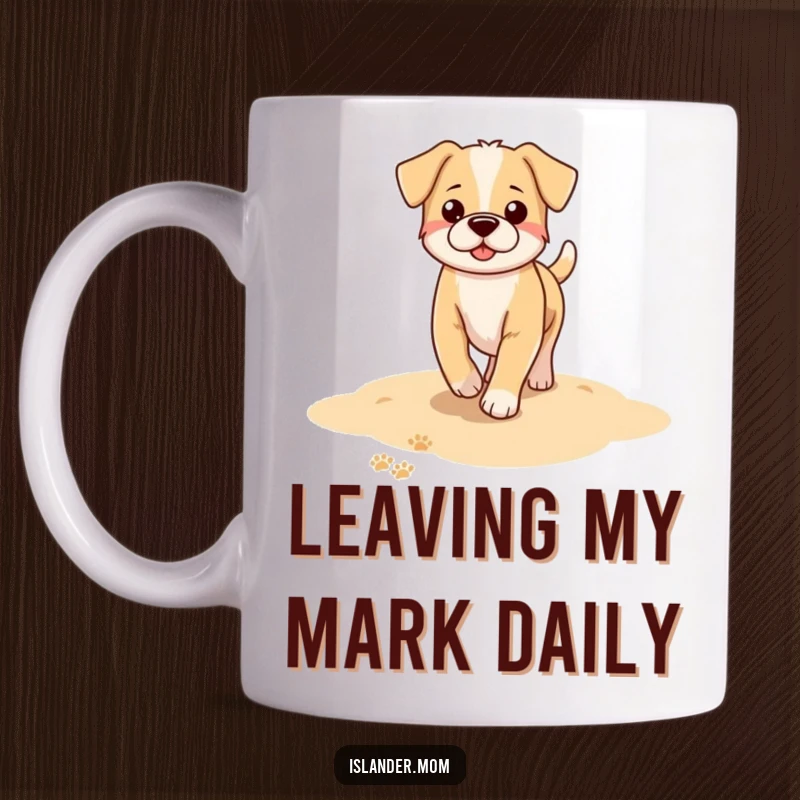 Funny dog mug showing a happy dog walking on a sandy beach, leaving a trail of paw prints behind.