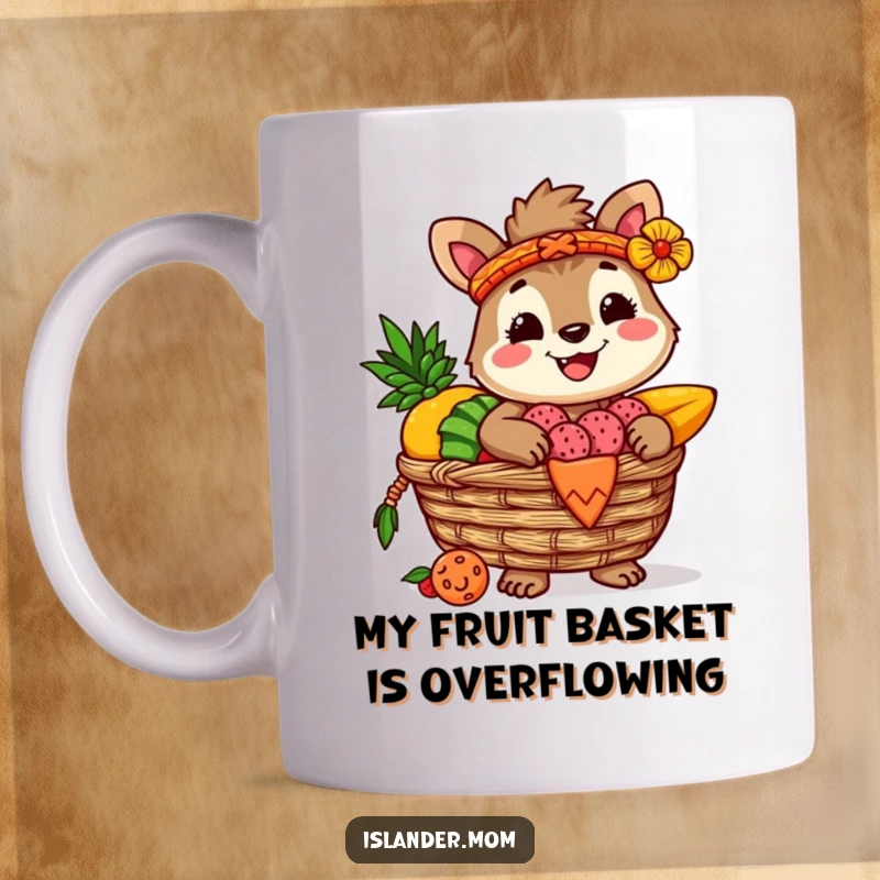Funny mug featuring a happy islander animal character holding a woven basket overflowing with colorful tropical fruits, ready to share the bounty.