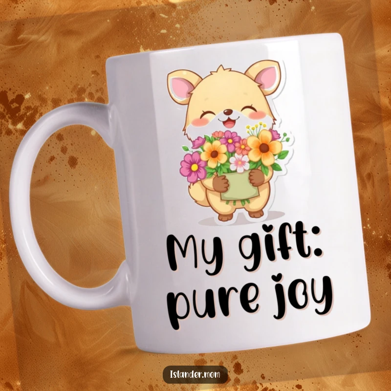 Funny animal character giggling gleefully while presenting a vibrant bouquet of flowers, a cheerful mug for gifting happiness.