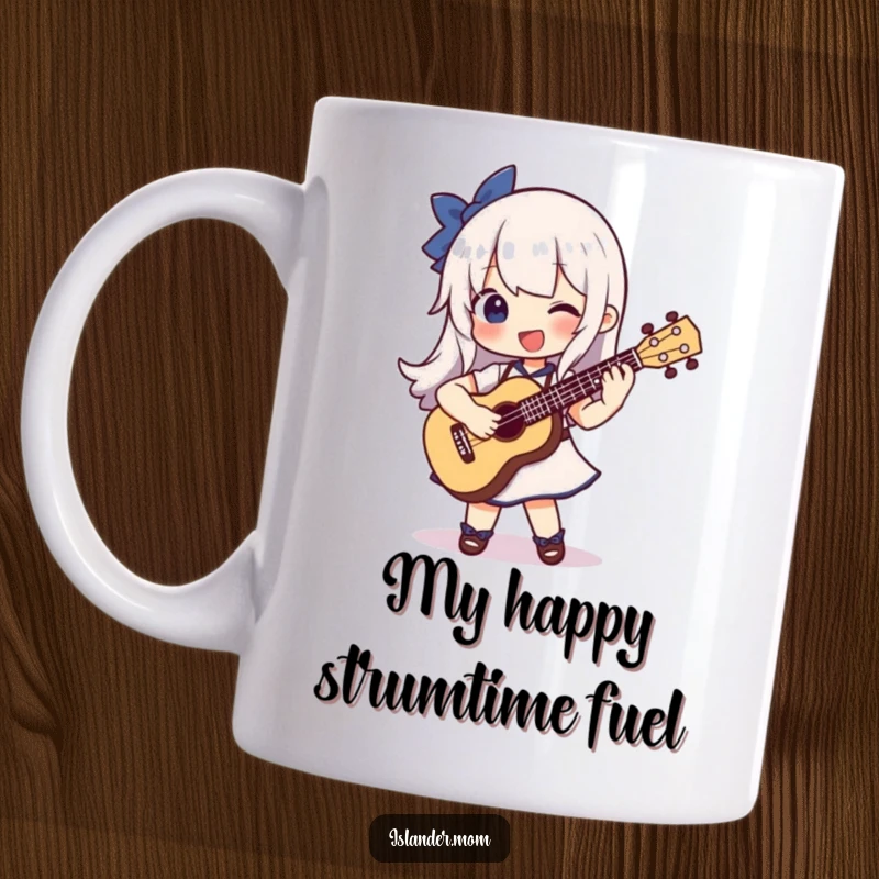 Funny mug showcasing a character joyfully strumming a ukulele with a big grin, radiating musical happiness.