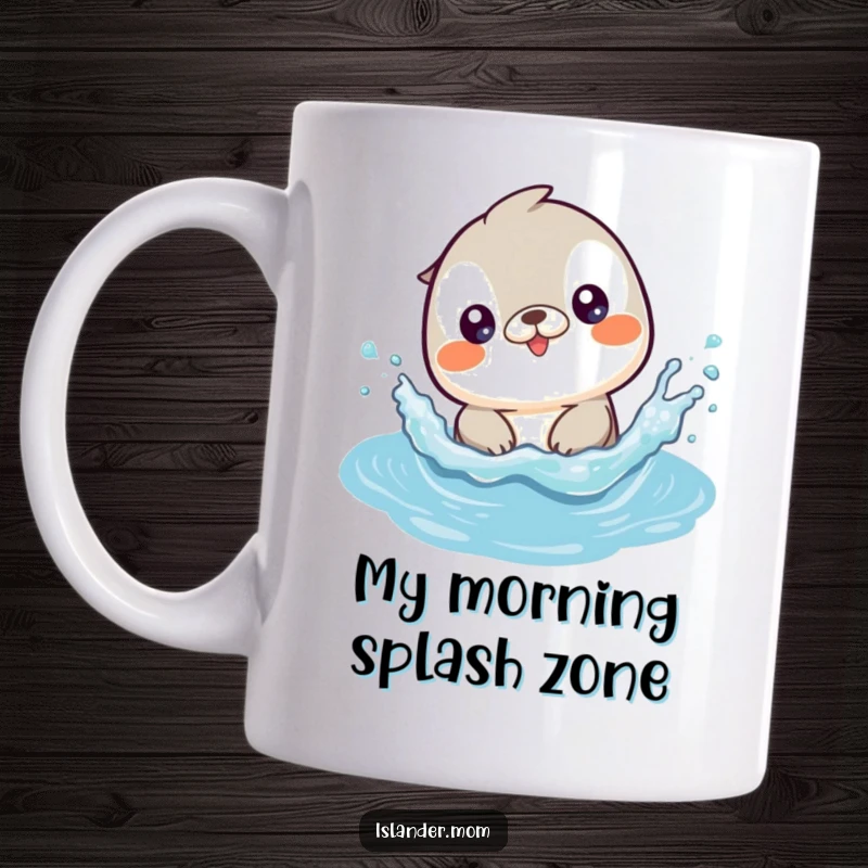 Funny mug with a cute kawaii islander animal joyfully splashing in gentle ocean waves, eyes sparkling with delight.