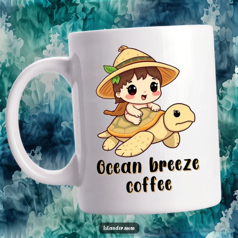 Funny Islander Turtle Rider Mug: Kawaii character in straw hat riding a sea turtle, tropical vibes, excellent funny gift.