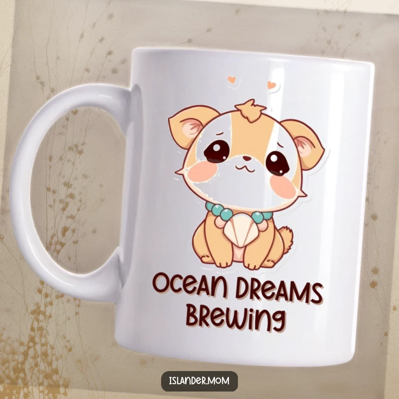 Funny animal character gazing upwards dreamily, wearing a seashell necklace, embodying a tranquil and whimsical mood on a mug.