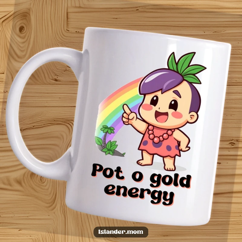 Funny Mug featuring an excited islander character pointing enthusiastically at a brilliant, colorful rainbow, symbolizing joy and adventure.