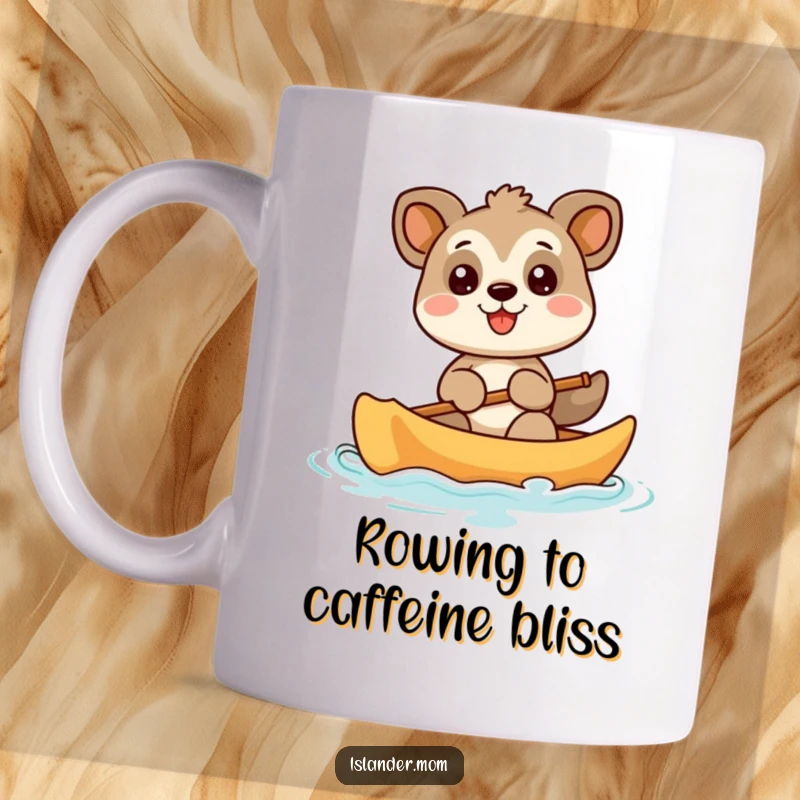 Funny animal character in a canoe, paddling with a huge, joyful smile, perfect for outdoor enthusiasts. This mug celebrates happy journeys.