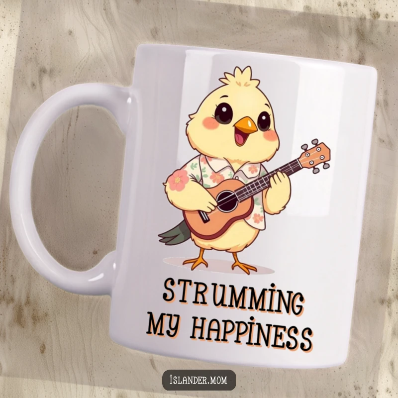 Funny Mama Bird Ukulele Mug: A mama bird wearing a floral shirt joyfully strums a small ukulele.