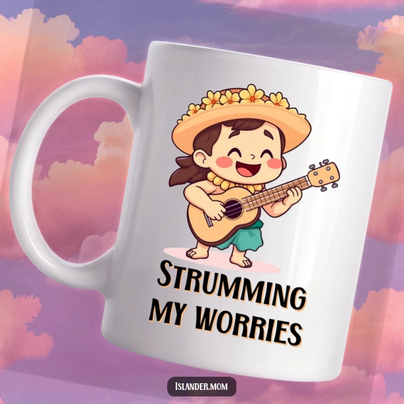 Funny Mug featuring a smiling islander character happily playing a ukulele, radiating a cheerful and musical island vibe.
