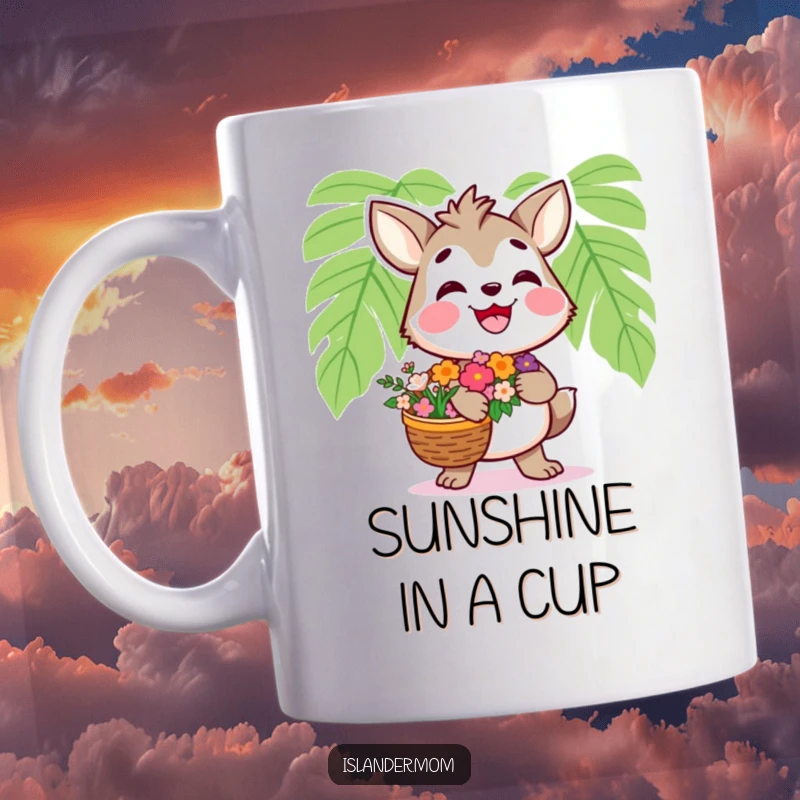 Funny Islander Animal Mug: Kawaii character with flower basket, smiling widely, tropical vibes, excellent funny gift.