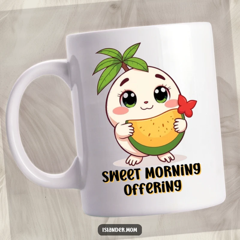 Funny round island creature mug with big, gentle eyes, offering a tropical fruit with warmth and kindness.