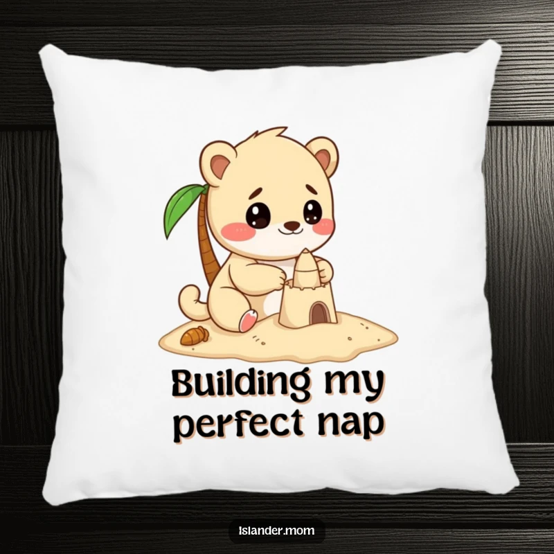 Funny pillow featuring a kawaii islander animal with evident delight and focus while building a small sandcastle.