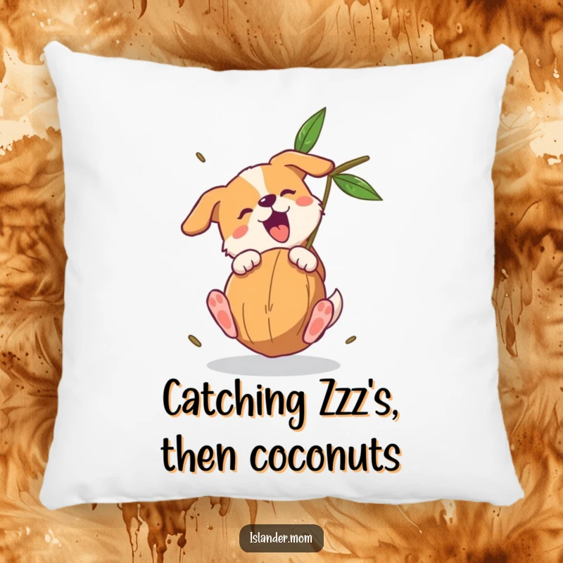 Funny dog pillow display: a dog triumphantly catches a falling coconut with its paws, rendered in a charming and humorous style.