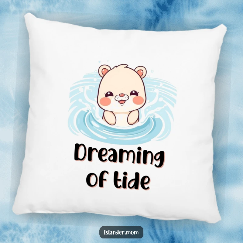 Funny Pillow with a delightful islander mom animal splashing playfully in gentle ocean waves, bringing beach vibes indoors.