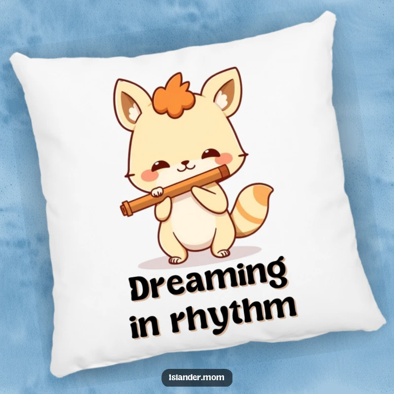 Funny spirited animal playing a flute with a happy smile, a soft and humorous pillow for ultimate relaxation and musical vibes.