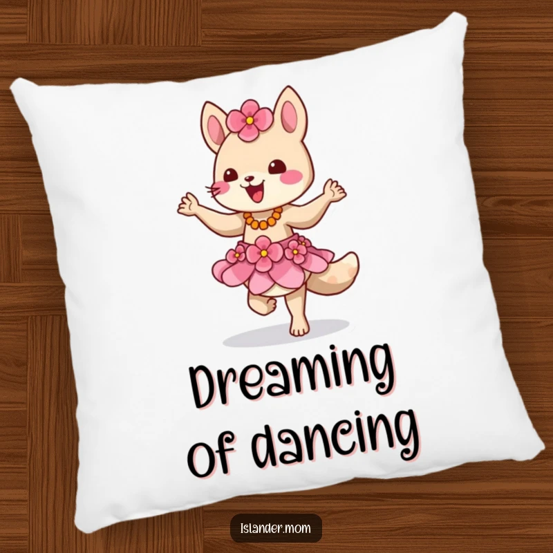Funny pillow featuring a cute island animal character in a flower skirt dancing, designed for comfort and a touch of humor.