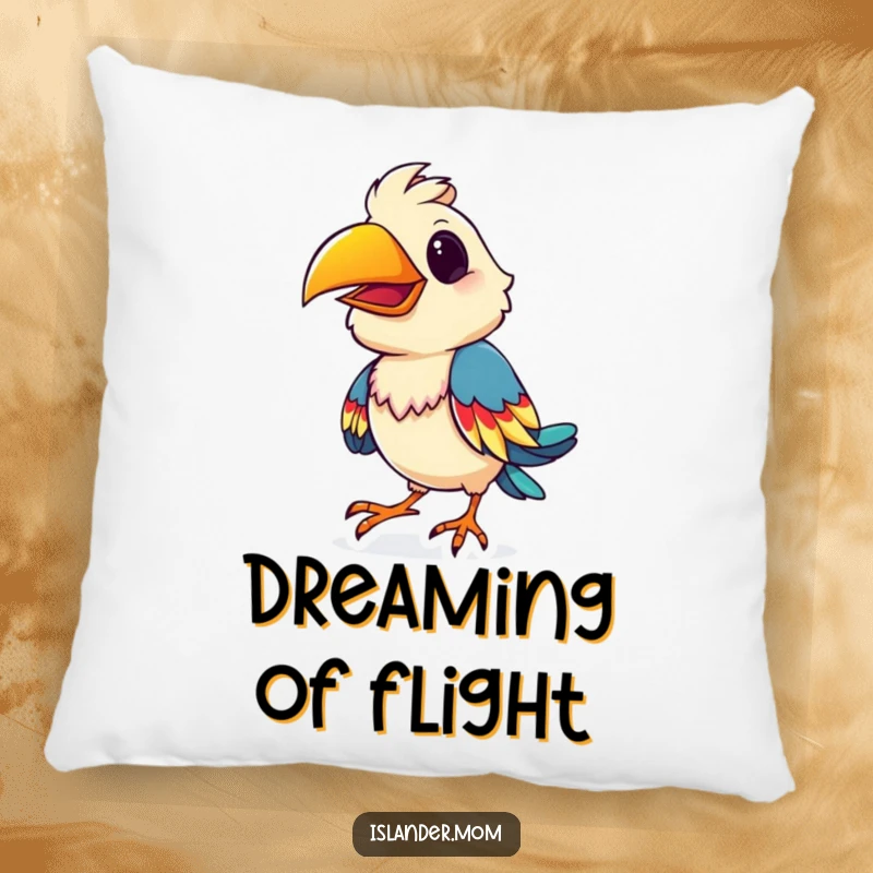 Funny playful bird pillow, featuring a bird doing a colorful shimmy, adding tropical humor and vibrancy to furniture.