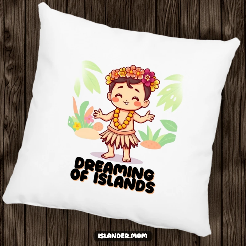 Funny pillow with a cute Kawaii islander character gracefully hula dancing, offering tropical comfort and gentle humor.