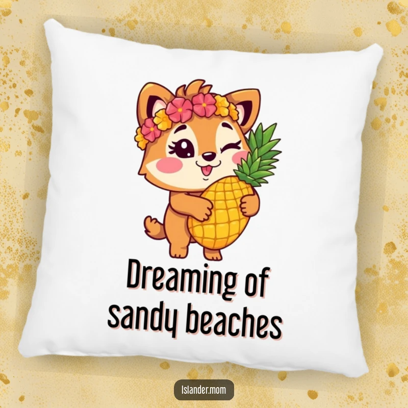 Funny islander animal character winking and holding a pineapple on a soft, decorative pillow for cozy, humorous home decor.