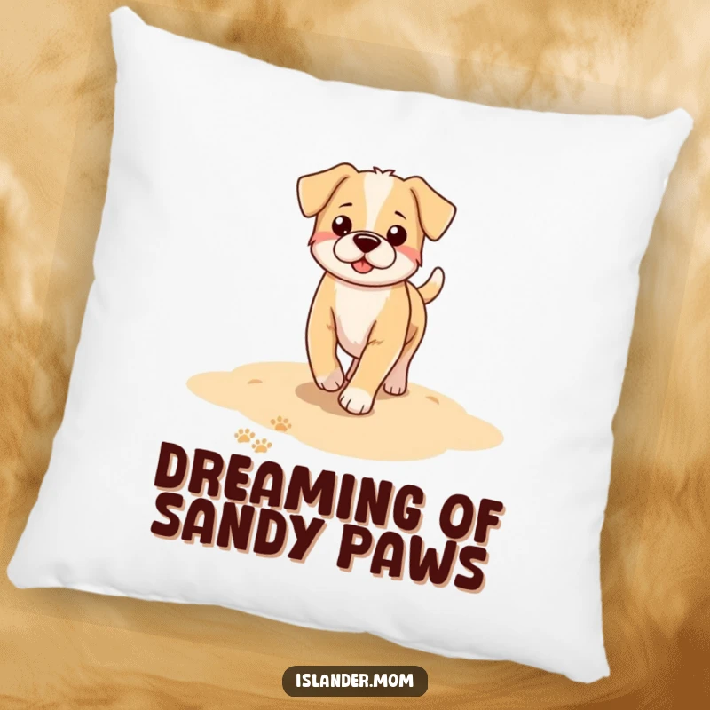 Funny dog pillow design: a close-up of a dog's paw prints left on a wet sandy beach, evoking a sense of seaside peace.