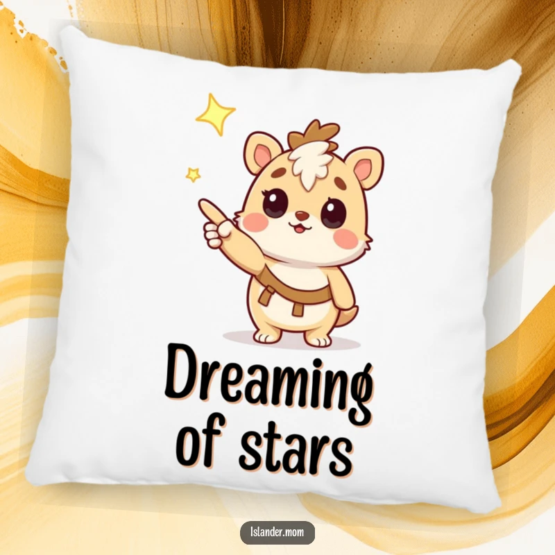 Funny Pillow: Adorable kawaii islander animal character looking up at a shining star, bringing soft, funny, cosmic charm.