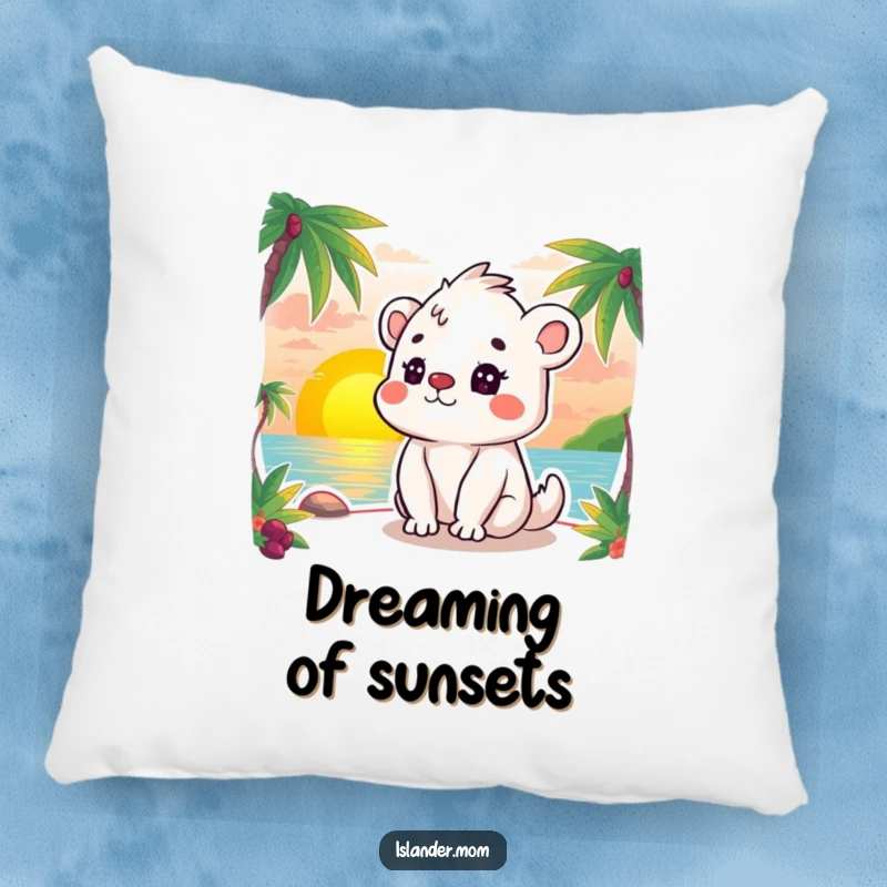 Funny pillow featuring a kawaii islander animal in a state of deep contentment while observing a beautiful sunset.