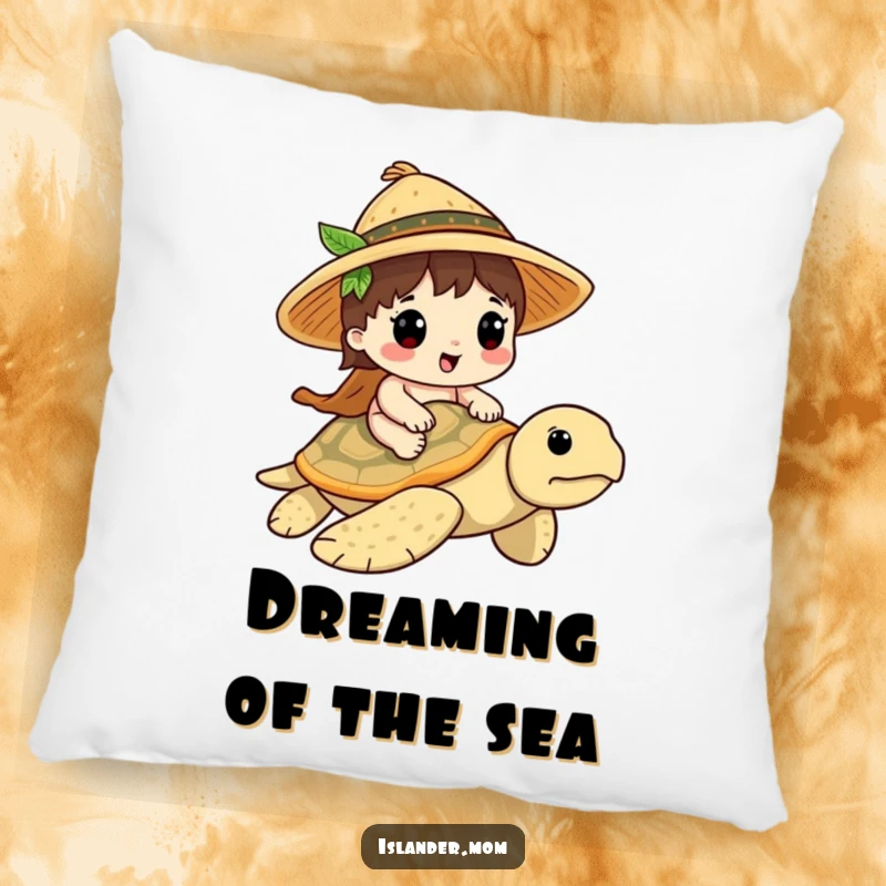 Funny Islander Turtle Rider Pillow: Soft pillow with an islander character riding a sea turtle, comfortable and funny gift.