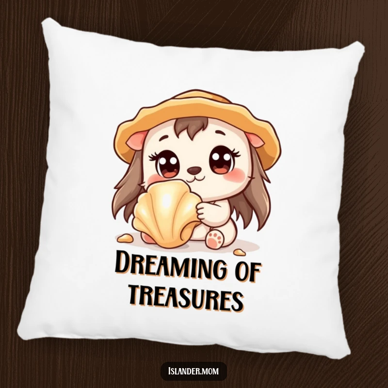 Funny pillow featuring a cute kawaii islander animal with wide eyes, discovering a shiny seashell.