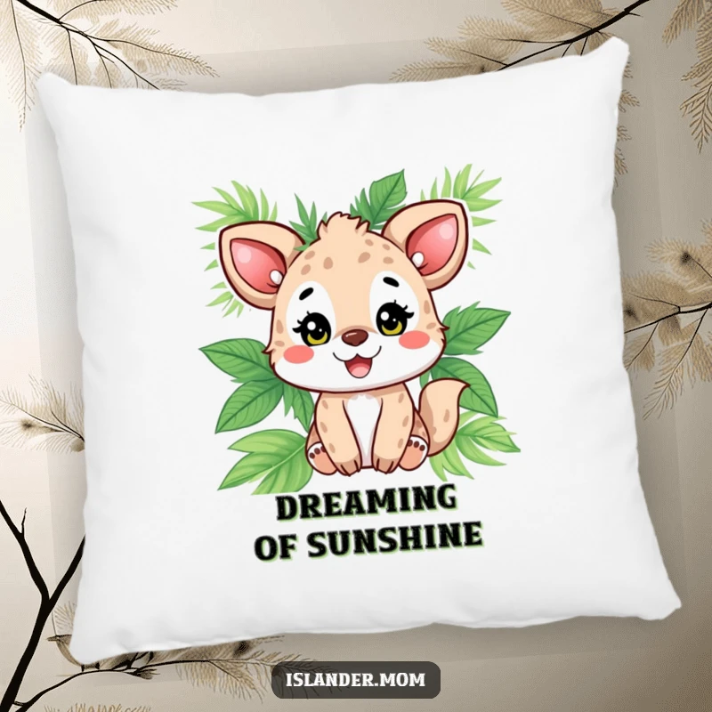 Funny animal character beaming with delight, adorned with palm leaves, a soft and humorous pillow for ultimate tropical relaxation.
