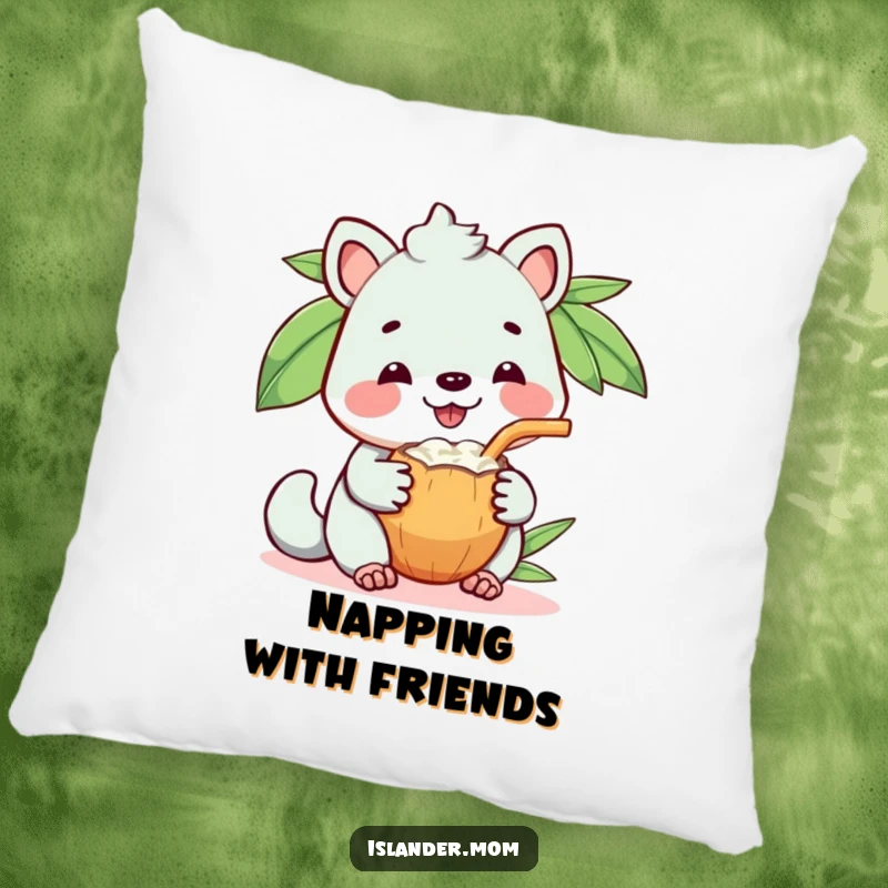 Funny pillow featuring a kawaii islander animal with a huge, happy grin, sharing a coconut drink.