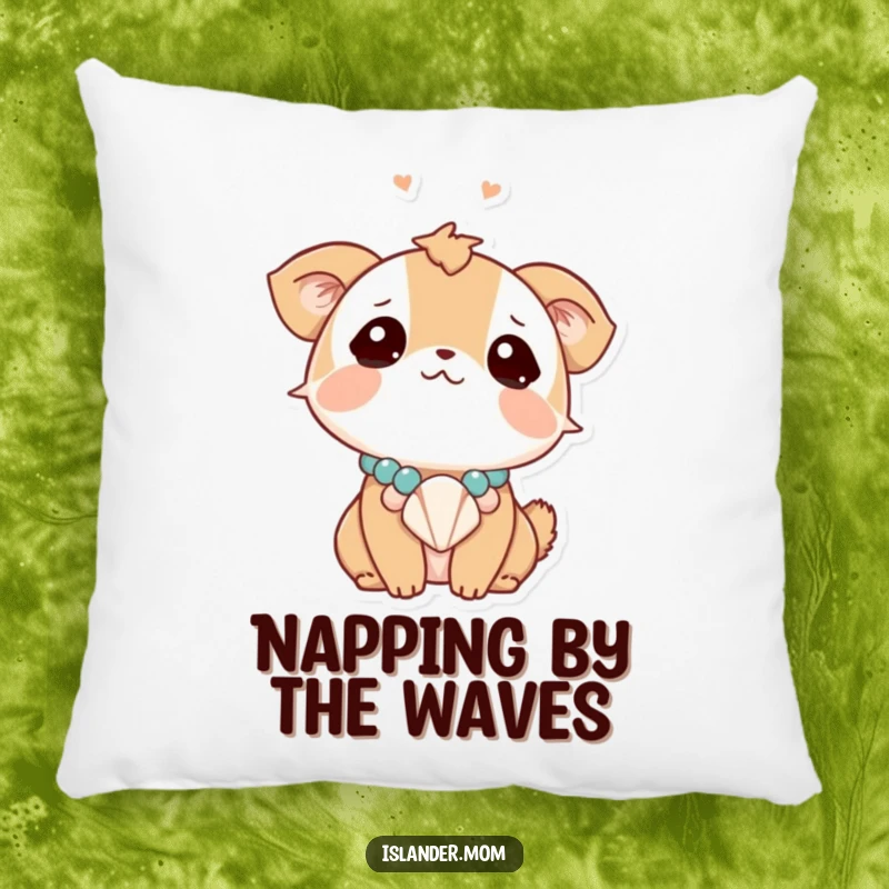 Funny animal character gazing upwards dreamily, wearing a seashell necklace, a soft and humorous pillow for ultimate relaxation.