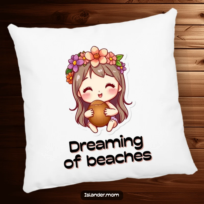 Funny decorative pillow with a character wearing a flower crown and holding a coconut, perfect for adding tropical comfort.