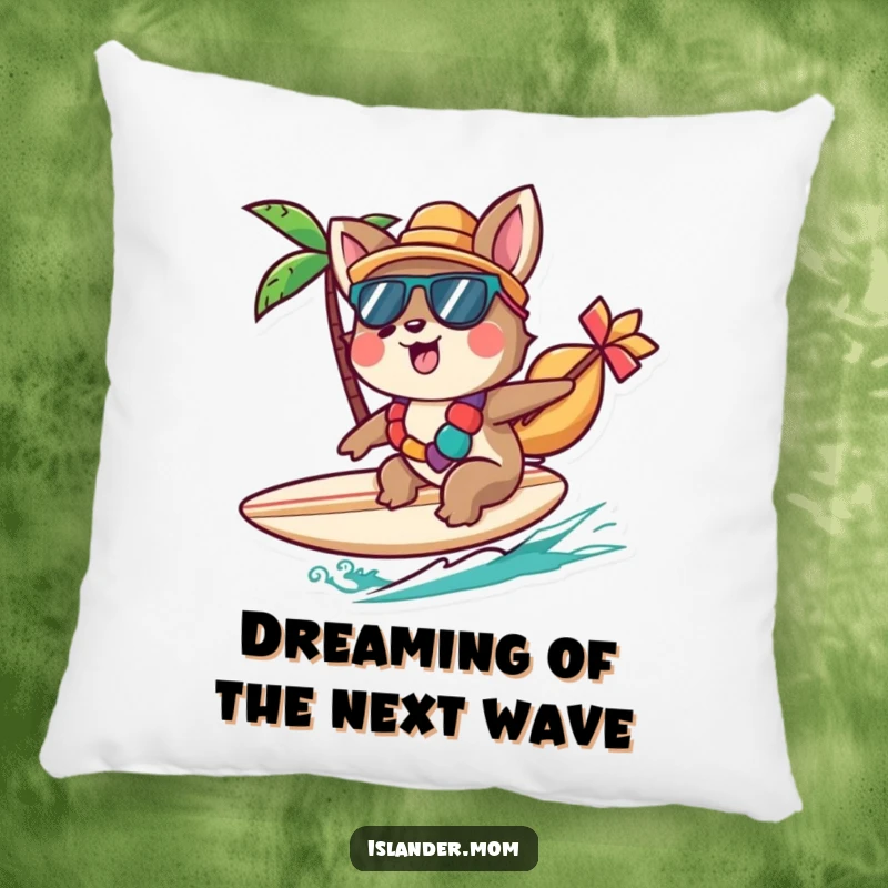 Funny Islander Animal Pillow with a character cheerfully riding a small surfboard, offering cozy beach comfort, an ideal funny gift.