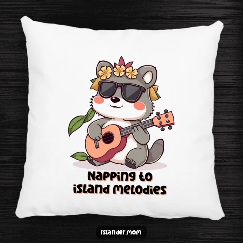 Funny Islander Animal Pillow with a character playing a small ukulele, offering cozy musical comfort, an ideal funny gift.