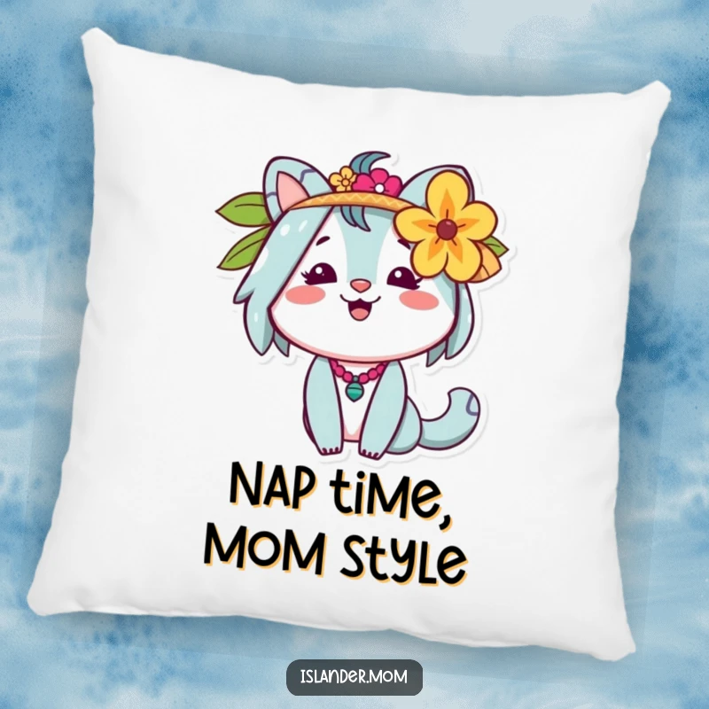 Funny Islander Mom Pillow of a cheerful animal mom with a flower behind her ear, adding tropical charm to decor.