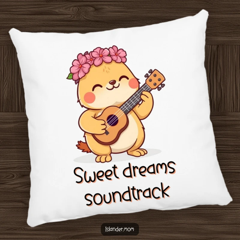 Funny pillow featuring a cute kawaii islander animal happily strumming a tiny ukulele.