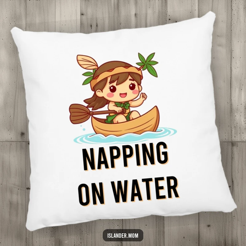 Funny Pillow: A kawaii islander character happily paddles a canoe, offering comfort and a touch of cheerful island vibes.