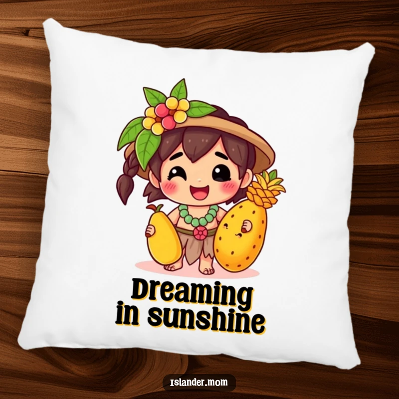 Funny Pillow: A kawaii islander character relaxes happily, holding a bright tropical fruit, offering comfort and a touch of island cheer.