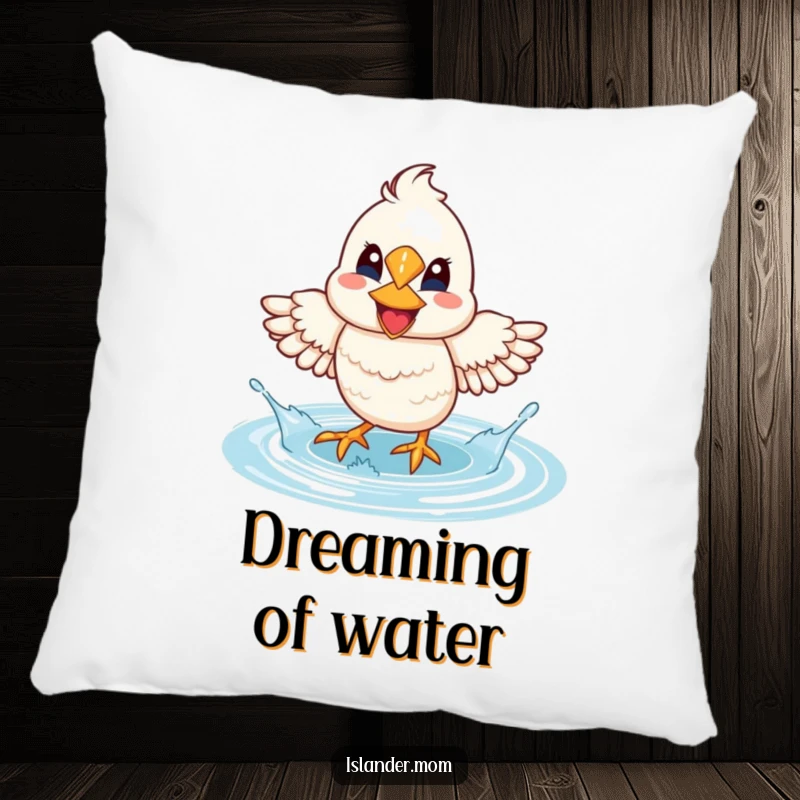 Funny Mama Bird Lagoon Splash Pillow: A smiling mama bird splashes water with its feet in a lagoon.