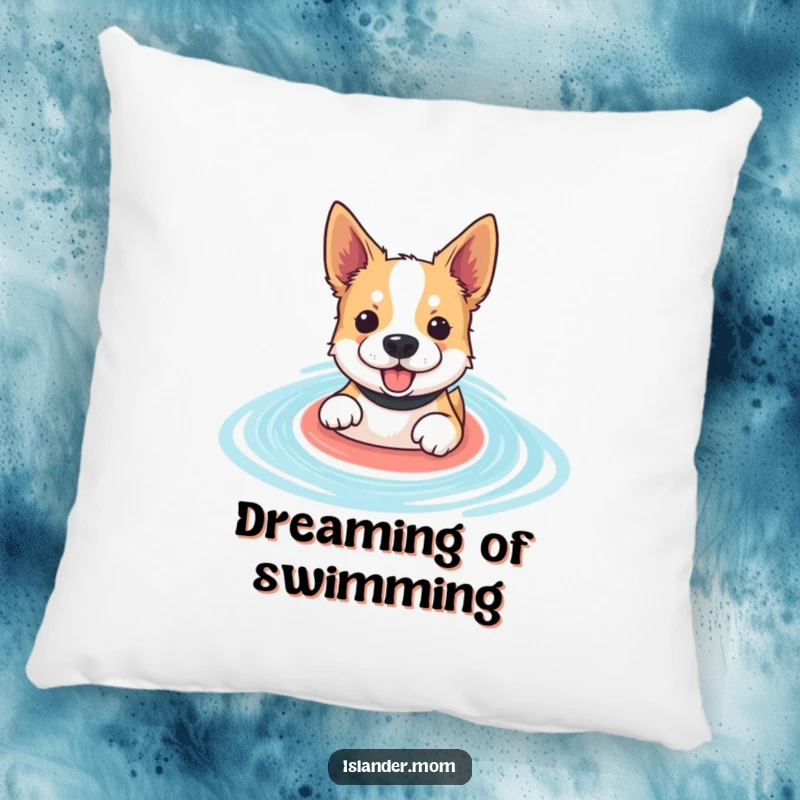 Funny paddling dog pillow featuring an enthusiastic dog swimming in a blue lagoon, adding comfort and water-themed humor.