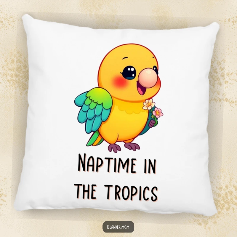 Funny Parrot Pillow: A smiling parrot with vivid feathers holds a flower, offering a soft, colorful, and funny decorative touch.