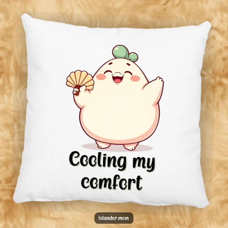 Funny pillow with a rotund character fanning with a shell, smiling broadly, offering comfort and cheerful, humorous relaxation.