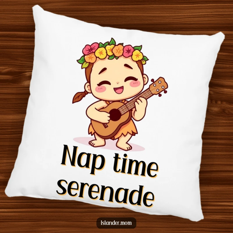 Funny kawaii islander character relaxing on a plush pillow, contentedly playing a ukulele, embodying peaceful island music.