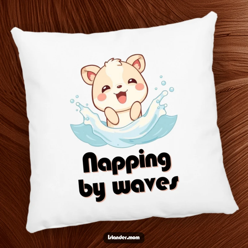 Funny pillow featuring a happy animal character splashing joyfully in gentle waves, offering comfort and beach-themed amusement.