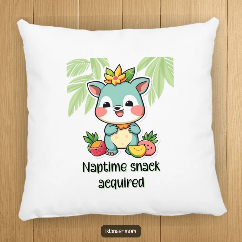 Funny pillow with a cute island animal character offering a tropical fruit, designed for comfort and a sweet smile.